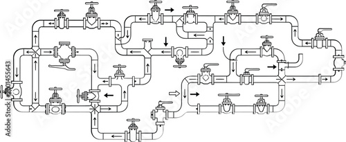 Industrial pipeline, plumbing system, mechanical diagram, valve schematic