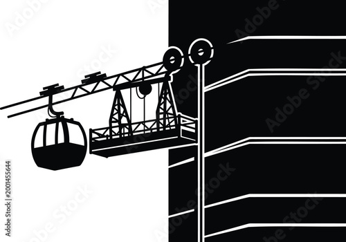 Cable car, gondola lift, transportation icon, travel symbol, black and white vector
