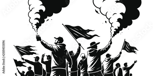 protesters holding flags and smoke flares black and white vector illustration