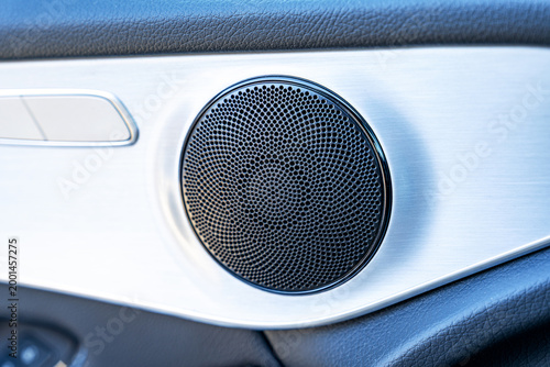 Close-up of premium car door speaker with metal trim