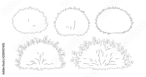 Hand drawn bush outline vector set, minimalist garden shrub sketches, 5 botanical plant line art elements for landscape architecture and design