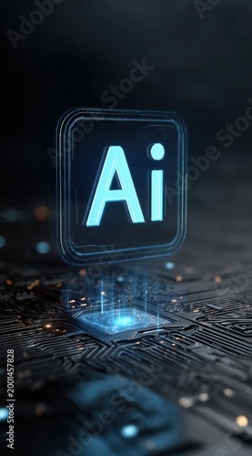 Futuristic holographic icon representing an ai agent with glowing blue light on a digital circuit board surface