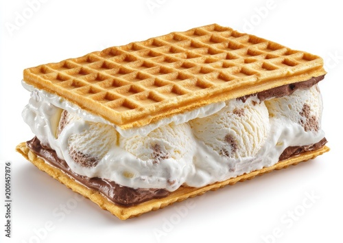 Stacked waffle sandwich layered with vanilla ice cream and chocolate spread