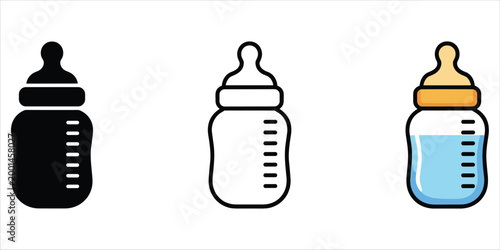 Three Baby Bottles in Black Silhouette Outline and Full Color with Measurement Markings Keywords: baby bottle, infant feeding, milk, formula