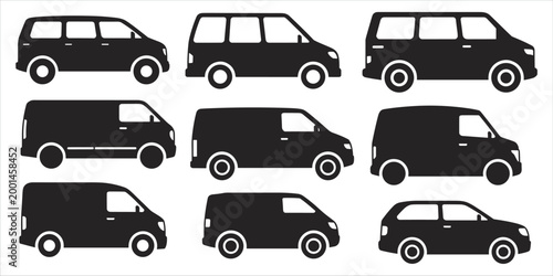 Nine Black Silhouette Icons of Different Van and Car Models on White Background Keywords: van, car, vehicle, transportation, automobile