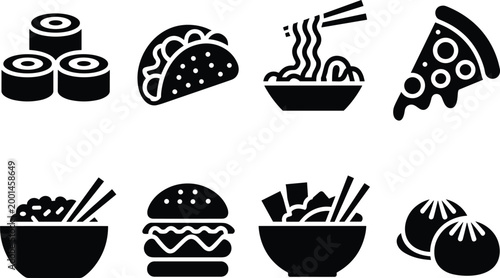 Collection of Popular Fast Food and Asian Cuisine Icons symbol illustration