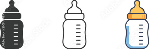 Three baby milk bottle icons in different styles on a white background baby bottle feeding bottle
