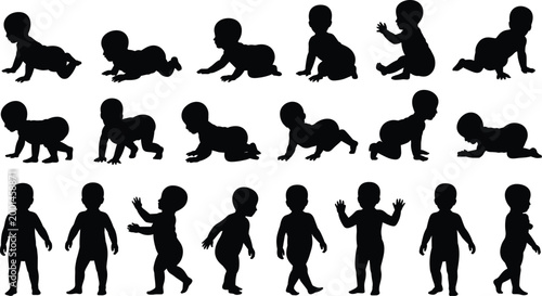 Collection of Baby Silhouettes Showing Crawling and Standing Poses infant child