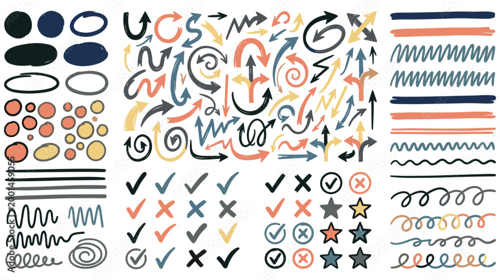 Obraz premium Big collection of hand drawn arrows circles checkmarks and various doodle elements.