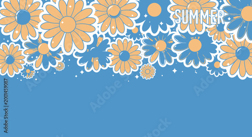 Summer flowers, floral pattern, blue background, yellow daisies, seasonal design