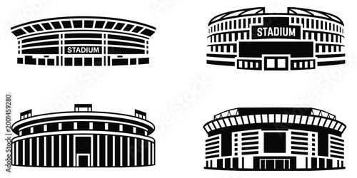 Set of Four Black Stadium Icons and Silhouettes on White Background Keywords: stadium, icon, silhouette, black, white, background, sport