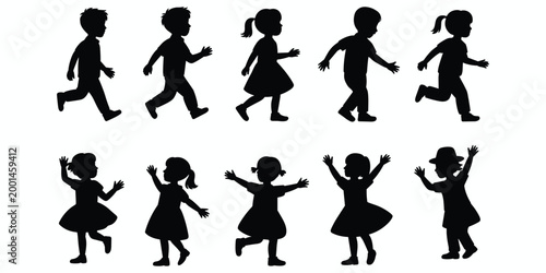 Silhouettes of Ten Children Running and Playing on White Background Keywords: children, silhouette, running, playing, white, background