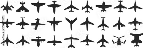 Collection of Thirty Black Airplane Icons and Silhouettes on White Background Keywords: airplane, icon, silhouette, black, white, background