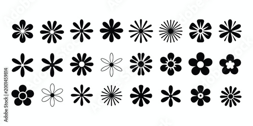 Collection of Black Flower Icons and Silhouettes on White Background Keywords: flower, icon, silhouette, black, white, background, design
