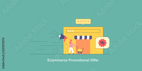 Ecommerce online store with promotional offers, female shopper with cart, star rating supports purchase decision.