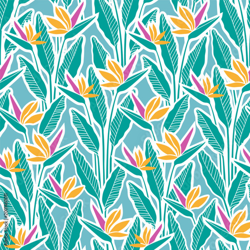 Vector seamless tropical pattern with bird of paradise flowers and leaves, vibrant exotic background in botanical style on a turquoise background