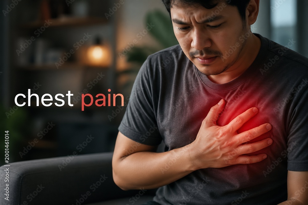 Fototapeta premium A man is clutching his chest in apparent pain while sitting indoors.