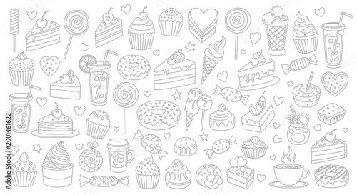Decorative vector illustration set featuring various sweet desserts candies and cold drinks for coloring book pages