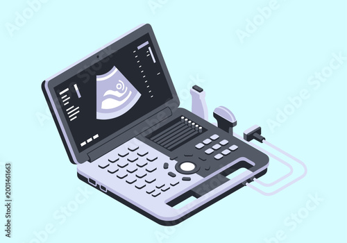 An isometric vector illustration depicts a portable, laptop-styled ultrasound machine with dual probes, a comprehensive control panel, and a screen showing a fetal sonogram on a light blue background