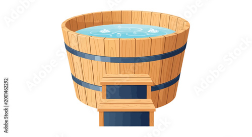 Wooden barrel hot tub illustration featuring clear blue water with relaxing bubbles for spa design projects