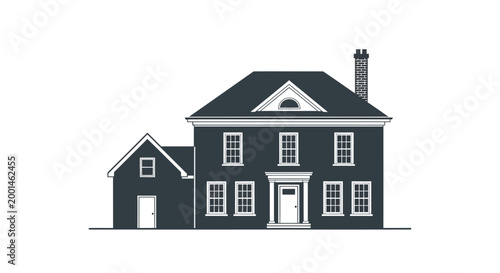 Architectural vector graphic of a classic two-story home with a prominent chimney and gables.