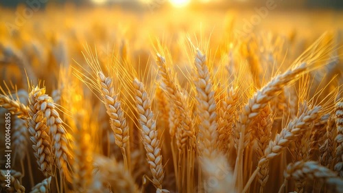 Golden wheat field under a bright sunset. The scene captures the beauty of nature and agriculture, showcasing ripe wheat ready for harvest.