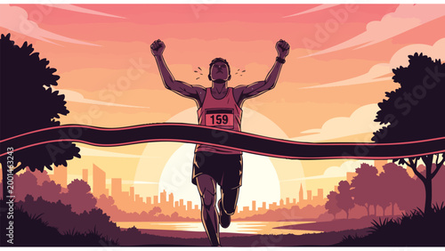 Marathon Runner Crossing Finish Line at Sunrise: Victory and Achievement