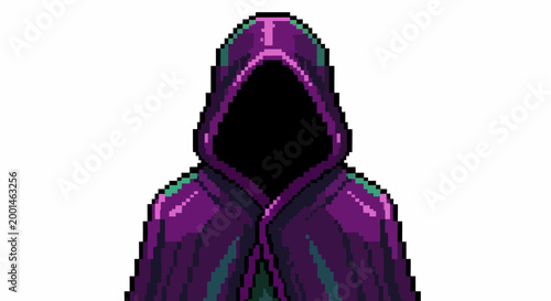 Mysterious hooded figure in pixel art style.