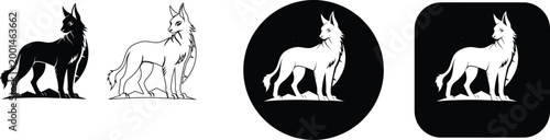 Set of Minimalist Dingo and Wild Dog Australian Animal Vector Icons in Detailed Black and White Silhouette and Outline Styles