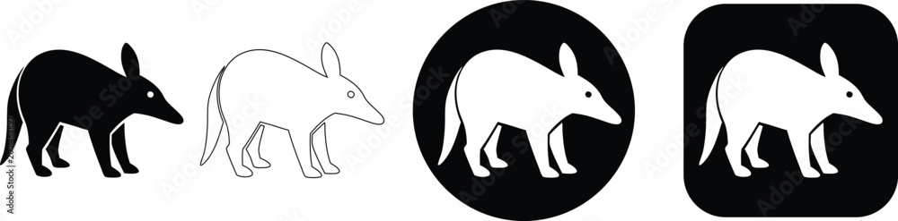 Fototapeta premium Set of Minimalist Armadillo and Pangolin Wild Animal Vector Icons in Detailed Black and White Silhouette and Outline Styles