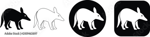 Set of Minimalist Armadillo and Pangolin Wild Animal Vector Icons in Detailed Black and White Silhouette and Outline Styles
