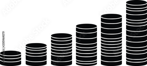 Black and white of six stacks of coins arranged in an increasing bar graph pattern