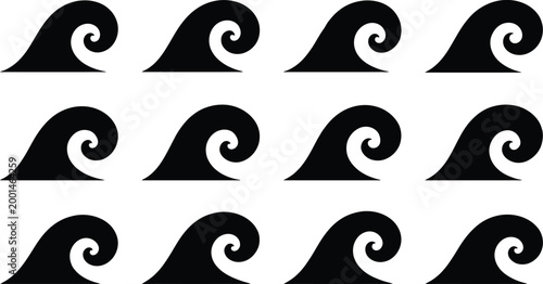 Patrón de olas negras estilizadas sobre un fondo blanco, diseño repetitivo.