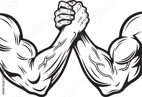 Arm wrestling, muscular arms, flexing biceps, black and white vector, fitness icons, strength symbols