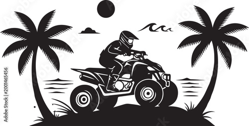 Black ATV rider silhouette, tropical palm trees, summer vacation vector