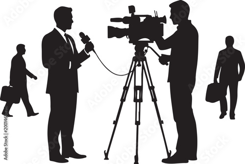 Silhouette news crew, television broadcasting, camera operator, reporter on location