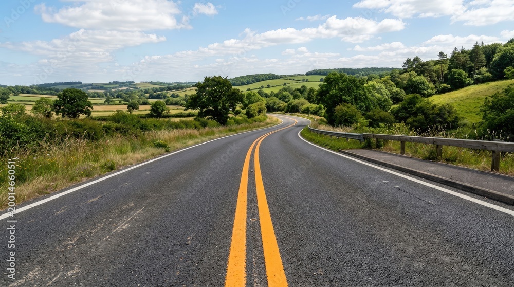 Obraz premium A winding asphalt road stretches into the distance, flanked by bright yellow double lines. The road curves through a rural landscape of rolling hills and lush green trees.
