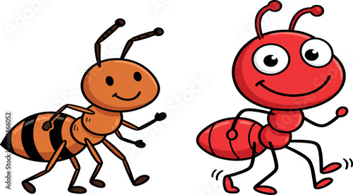 Cartoon set of cute red ant and bee characters walking and smiling isolated on white background for nature education and children graphic vector illustration