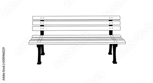 A simple black and white line drawing depicts a park bench. The bench features a wooden seat and backrest supported by black metal legs.