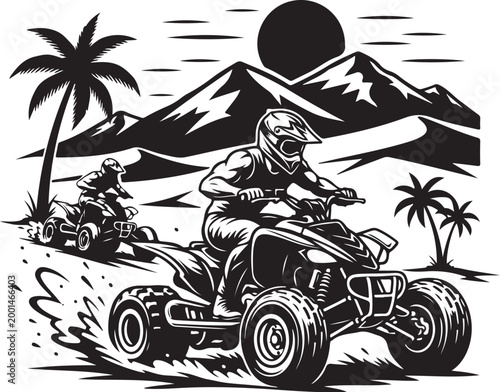 ATV riders racing, off-road adventure, desert landscape, black and white vector illustration