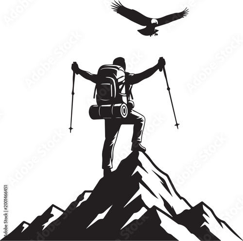 Hiker silhouette, mountain climber icon, adventure vector, black and white illustration