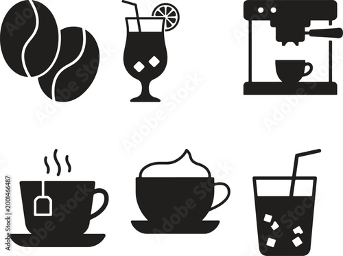Minimalist black set of coffee, laptop, camera, gift, and more black coffee cup gift box