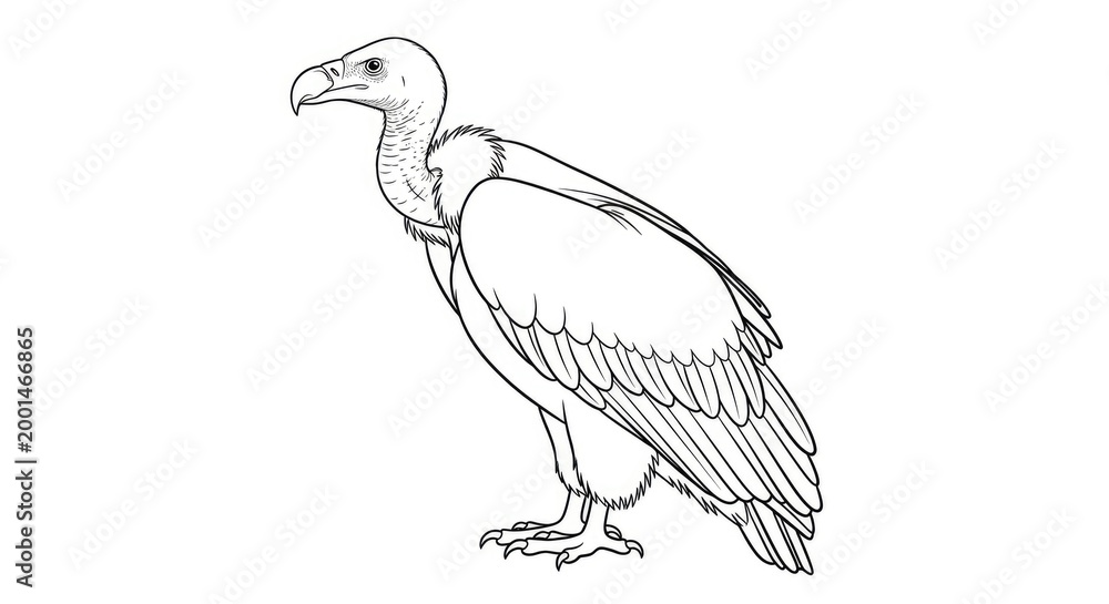 Fototapeta premium A vulture stands in profile against a white background. The bird is depicted in a detailed black and white line drawing.