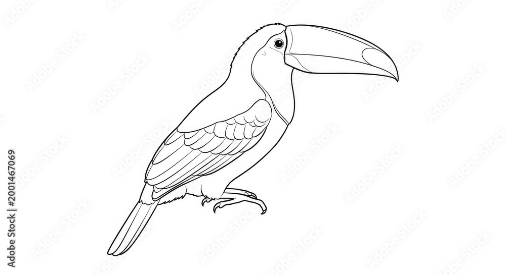 Naklejka premium A toucan draws a detailed line art illustration. The toucan is depicted in a side profile, showcasing its large, colorful beak and distinctive plumage.