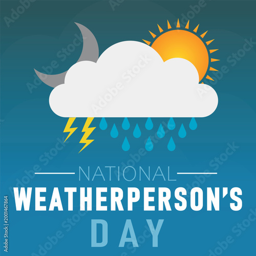 National Weatherperson’s Day Vector Illustration with Cloud, Sun, Moon, Raindrops, and Lightning Weather Icons