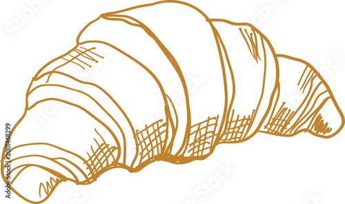 Hand-drawn doodle of a flaky croissant, featuring golden-brown outlines with cross-hatch shading on a plain white background