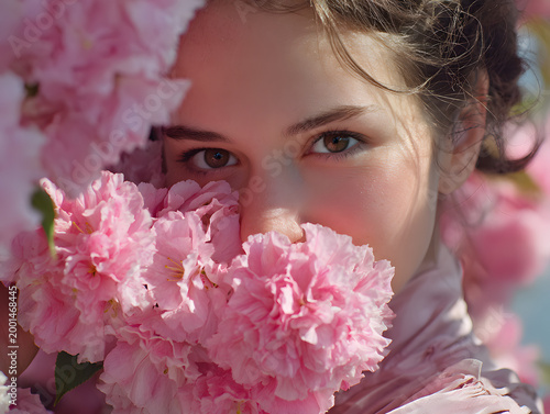 Girl holds pink flowers close to her face in a garden during springtime