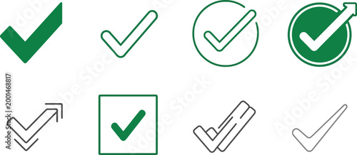 Collection of eight diverse green and grey vector check mark graphic illustration icons representing various confirmation and approval choices