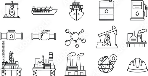 Collection of industrial oil and gas themed vector line icons featuring refinery equipment tankers pipelines extraction pumps and construction safety gear for design