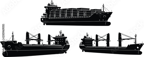 Vector illustration graphic design showcasing three distinct cargo ships in black silhouette on a white background for maritime transport concepts